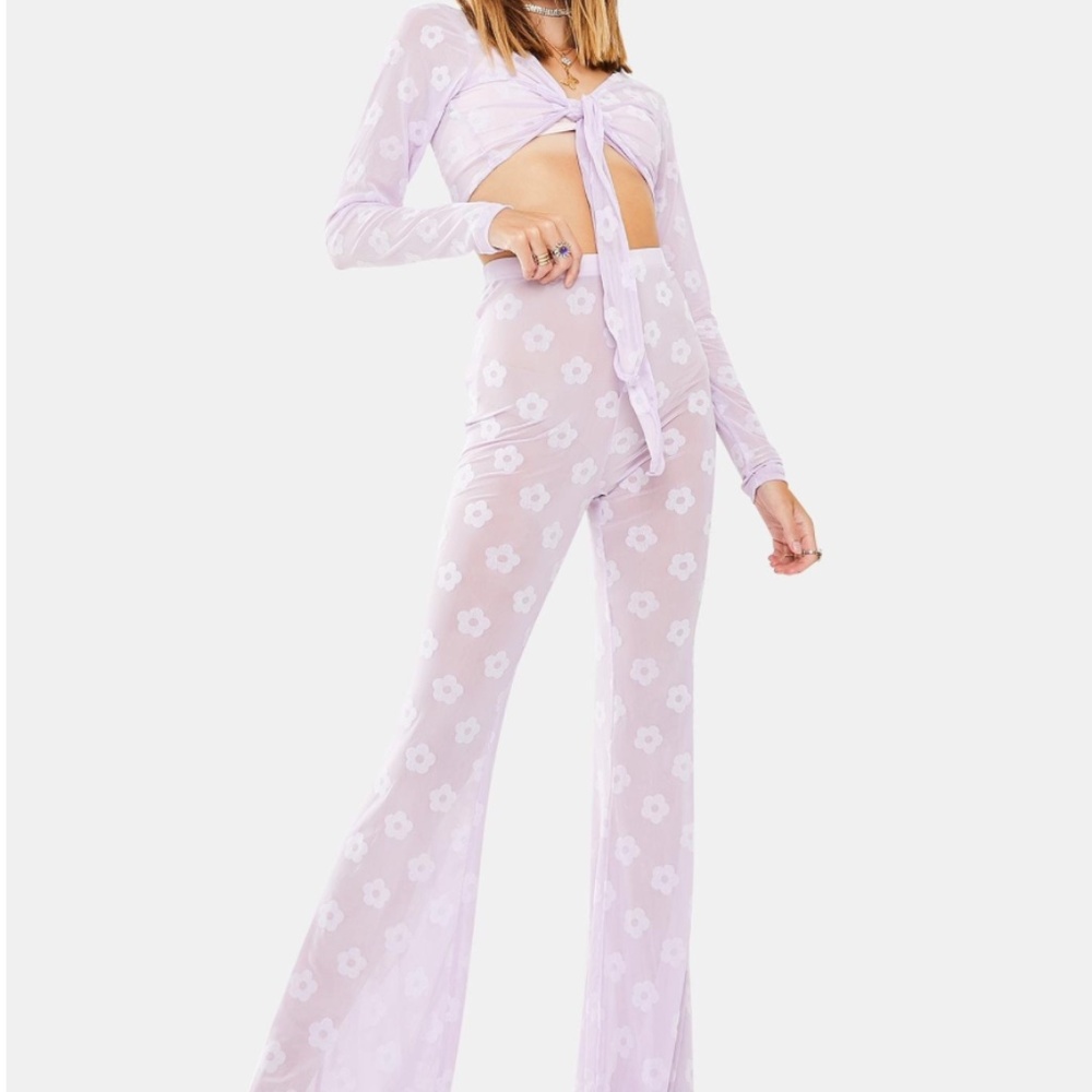 Lilac Flower Mesh top & flared pants set